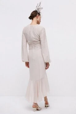 Coast Premium Hand Embellished Pearl Twist Front Midi Dress, Silver -EleganceWear Store coast premium hand embellished pearl twist front midi dress silver1