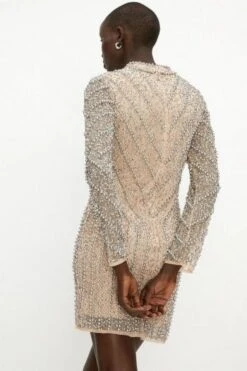 Coast Premium High Neck Embellished Mini Dress, Silver/Nude -EleganceWear Store coast premium high neck embellished mini dress silver nude1 e1637935121355