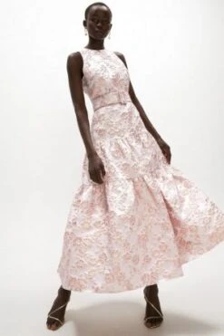 Wallis Coast Premium Jacquard Tiered Midaxi Dress, Baby Pink/Blush