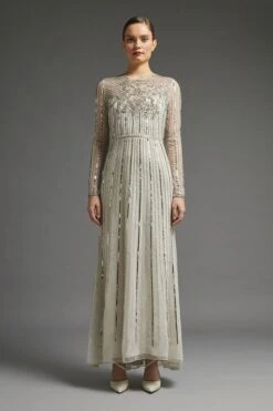 Coast Premium Long Sleeve Sequin Maxi Dress, Ivory/Silver