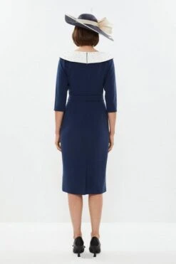 Coast Premium Off Shoulder Embellished Pencil Dress, Navy/White -EleganceWear Store coast premium off shoulder embellished pencil dress navy white1