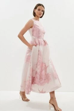 Coast Premium Placement Jacquard Midaxi Dress, Pale Pink/Blush/White