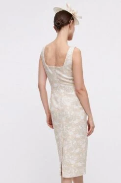 Coast Premium Stretch Jacquard Ruche Side Pencil Dress, Gold -EleganceWear Store coast premium stretch jacquard ruche side pencil dress gold1