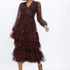 Coast Printed Mesh Tiered Long Sleeve Midi Dress, Purple/Multi