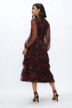 Coast Printed Mesh Tiered Long Sleeve Midi Dress, Purple/Multi -EleganceWear Store coast printed mesh tiered long sleeve midi dress purple multi1 e1633334108274