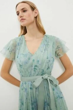 Coast Printed Tulle V-neck Tie Belt Maxi Bridesmaid Dress, Green/Multi