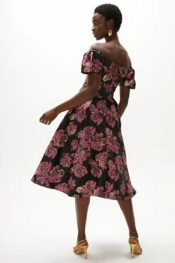 Coast Puff Sleeve Off The Shoulder Midi Dress, Pink/Black/Multi -EleganceWear Store coast puff sleeve off the shoulder midi dress pink black multi1 e1633335261896