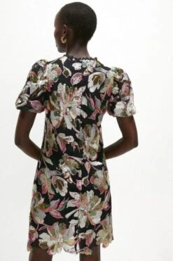 Coast Puff Sleeve Sequin Embellished Shift Dress, Black/Multi -EleganceWear Store coast puff sleeve sequin embellished shift dress black multi1 e1625726709959