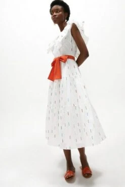 Coast Rainbow Ruffle Cotton Maxi Dress, White/Orange/Multi