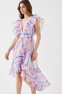 Coast Ruffle Detail Wrap Organza Midi Dress, Pink/Multi