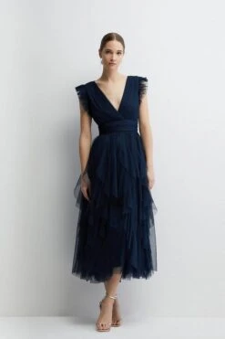 Coast Ruffled Skirt Mesh Bridesmaids Midi Dress, Navy Blue