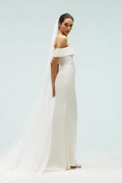 Coast Satin Bardot Fishtail Maxi Dress With Train, Ecru