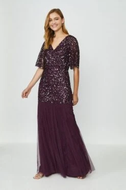 Coast Sequin Angel Sleeve Maxi Dress, Merlot