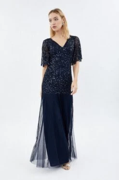 Coast Sequin Angel Sleeve Sequin Maxi Dress, Navy Blue