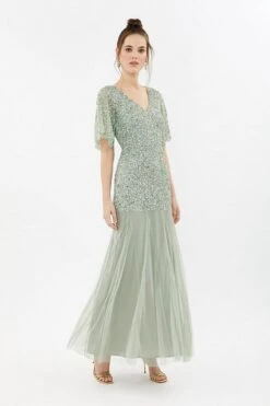 Coast Sequin Angel Sleeve Sequin Maxi Dress, Sage Green