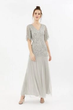 Coast Sequin Angel Sleeve Sequin Maxi Dress, Silver