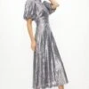 Coast Sequin Puff Sleeve Open Back Midi Dress, Silver