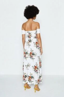 Coast Shirred Bodice Bardot Dress, White/Multi -EleganceWear Store coast shirred bodice bardot dress white multi1 e1592209390801