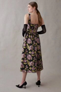 Coast Square Neck Beaded Jacquard Midi Dress, Black/Pink/Multi -EleganceWear Store coast square neck beaded jacquard midi dress black pink multi1