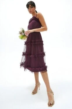 Coast Tiered Ruffle Skirt Midi Bridesmaid Dress, Purple