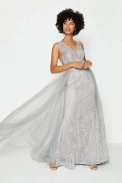 Coast Tulle Overskirt Maxi Dress, Silver