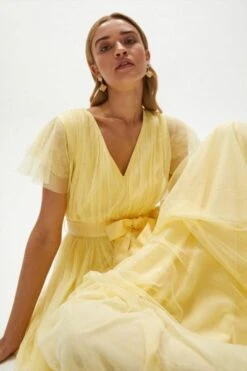 Coast Tulle V-Neck Tie Belt Maxi Dress, Yellow