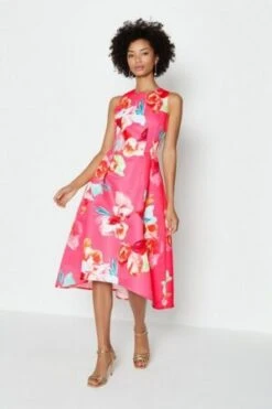Coast Twill Hi Low Floral Dress, Pink/Multi
