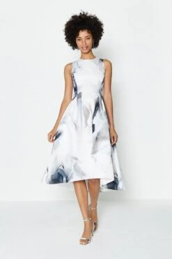 Coast Twill Hi Low Print Dress, Black/White