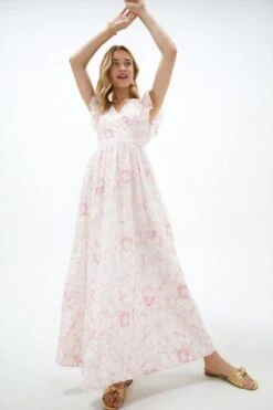 Coast V Neck Broderie Maxi Dress, Pink/Light Blush