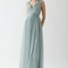 Coast V Neck Pleated Waistband Mesh Bridesmaids Dress, Sage Green
