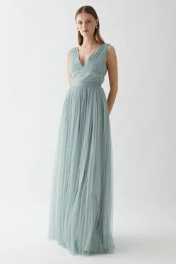 Coast V Neck Pleated Waistband Mesh Bridesmaids Dress, Sage Green