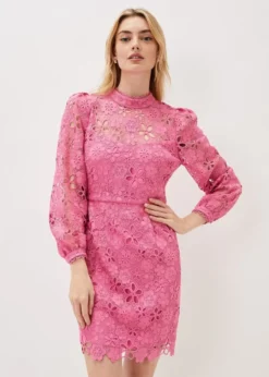 Phase Eight Doris Guipure Lace Highneck Dress, Pink