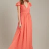 Dorothy Perkins Angel Sleeve Chiffon Maxi​ Bridesmaid Dress, Coral/Orange