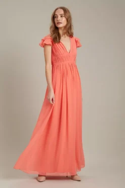 Dorothy Perkins Angel Sleeve Chiffon Maxi​ Bridesmaid Dress, Coral/Orange