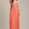 Dorothy Perkins Embellished Strappy Tulle Maxi ​Bridesmaid Dress, Coral/Orange
