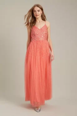 Dorothy Perkins Embellished Strappy Tulle Maxi ​Bridesmaid Dress, Coral/Orange
