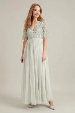 Dorothy Perkins Embellished V Neck Maxi Bridesmaid Dress, Sage Light Green