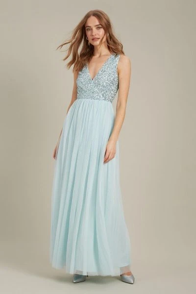 Dorothy Perkins Embellished V Neck Tulle Maxi Bridesmaid Dress, Mint Green