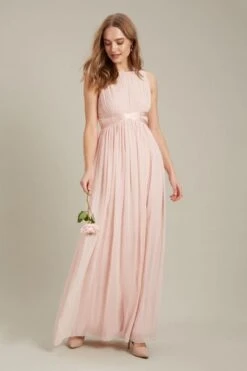Dorothy Perkins Satin Cross Waist Chiffon Maxi Bridesmaid Dress, Blush Pink