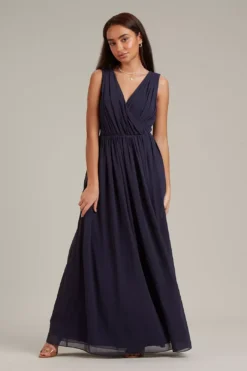 Dorothy Perkins Petite Sleeveless Wrap Chiffon Maxi Bridesmaid Dress, Navy Blue