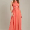 Dorothy Perkins Satin Cross Waist Chiffon Maxi Bridesmaid​ Dress, Coral/Orange