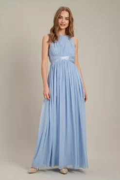 Dorothy Perkins Satin Cross Waist Chiffon Maxi Bridesmaid Dress, Light Blue