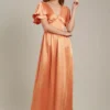 Dorothy Perkins Satin Frill Sleeve Maxi Bridesmaid Dress, Light Orange
