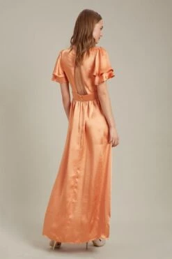 Dorothy Perkins Satin Frill Sleeve Maxi Bridesmaid Dress, Light Orange -EleganceWear Store dorothy perkins satin frill sleeve maxi bridesmaid dress light orange2 e1660145072130