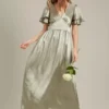 Dorothy Perkins Satin Frill Sleeve Maxi Bridesmaid Dress, Sage Light Green