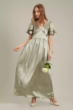 Dorothy Perkins Satin Frill Sleeve Maxi Bridesmaid Dress, Sage Light Green