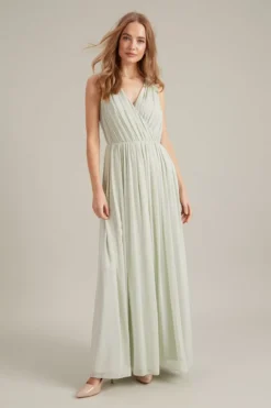 Dorothy Perkins Sleeveless Wrap Chiffon Maxi Bridesmaid Dress, Sage Light Green