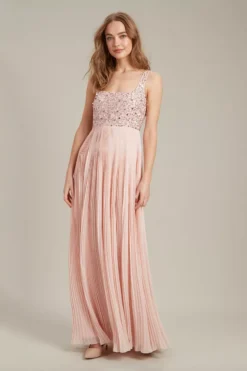 Dorothy Perkins Square Neck Embellished Pleated Maxi ​Bridesmaid Dress, Blush Pink