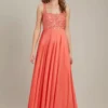 Dorothy Perkins Square Neck Embellished Pleated Maxi ​Bridesmaid Dress, Coral/Orange
