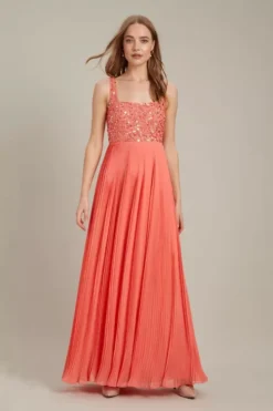 Dorothy Perkins Square Neck Embellished Pleated Maxi Bridesmaid Dress, Coral/Orange
